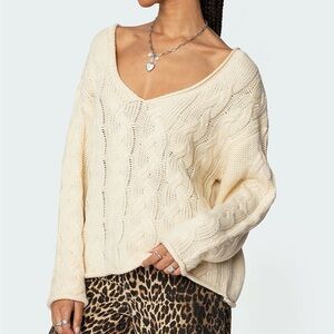 Edikted Cream Inga Oversized V-Neck Cable Knit Sweater | Size Medium